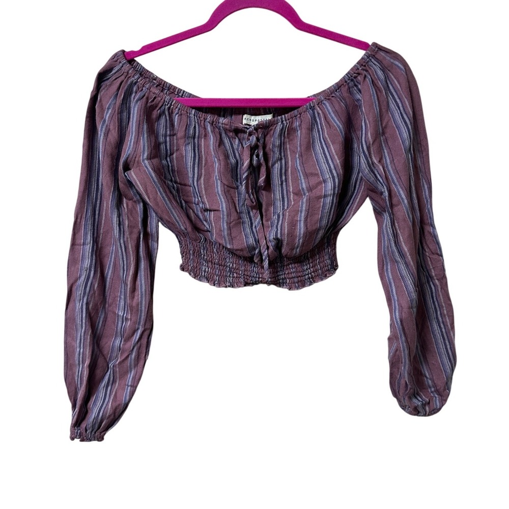 Aeropostale Womens XS Purple Striped Off-the-Shoulder Long Sleeve Cropped Top